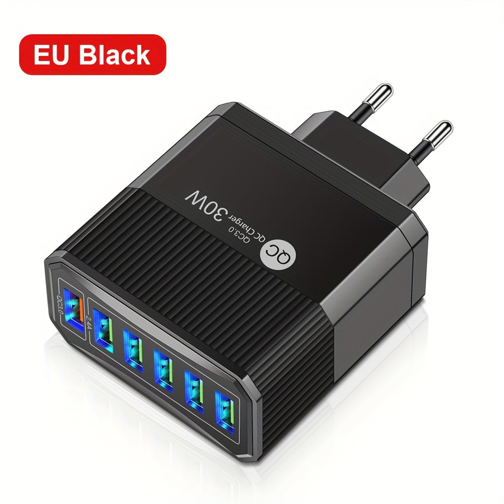 6-port USB wall adapter with 30W fast charging and QC 3.0, EU plug - ideal for mobile devices.