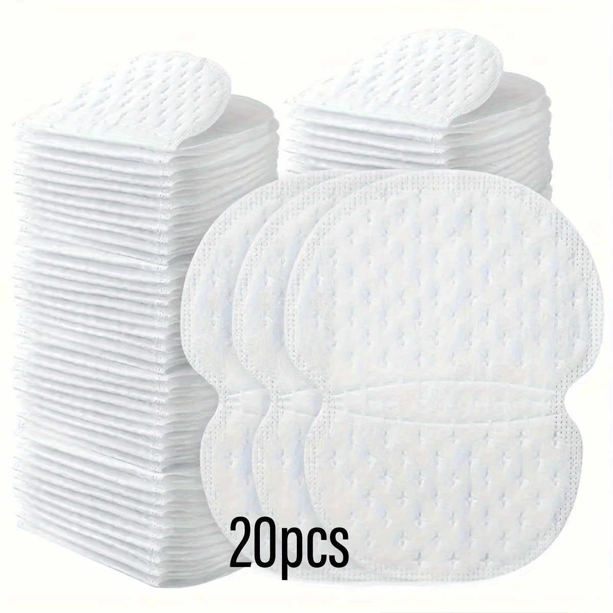 Disposable armpit sweat absorbing pads available in packs of 20, 50, and 100. Provides comfortable and strong sweat absorption.