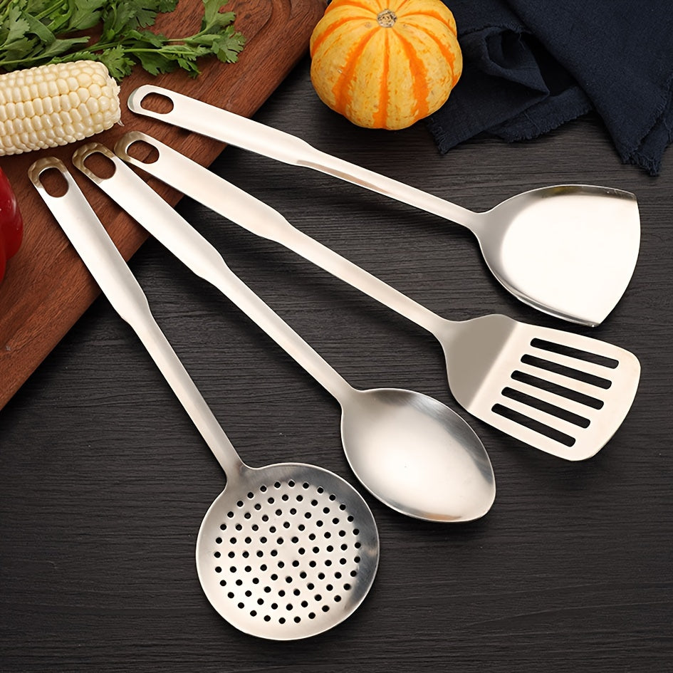 A set of 8 stainless steel kitchen utensils with comfortable grip handles - Dishwasher safe and silver in color.