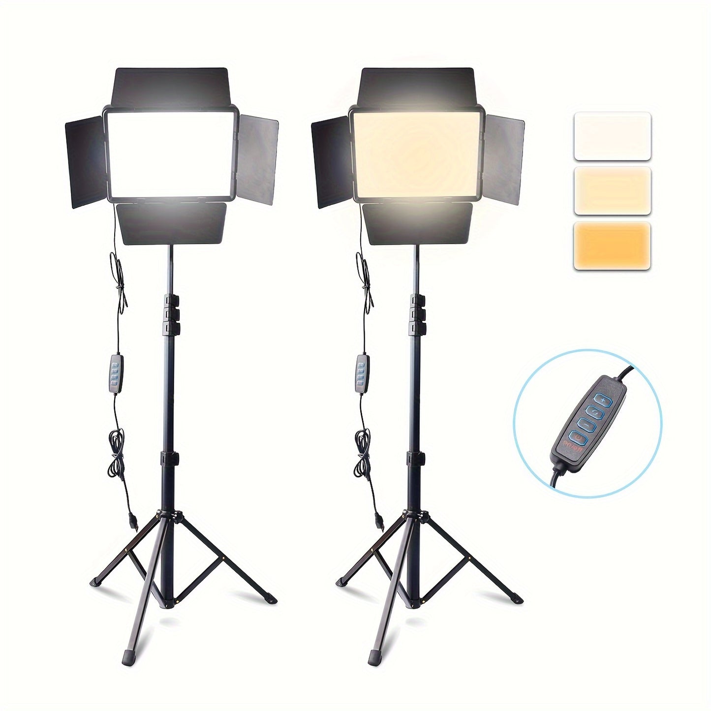 Photography lighting kit with studio fill lights, tripod, LED fill light, dimmable options, four baffles, cell phone clip. Ideal for video recording, photo studio, conferences, live selfies.