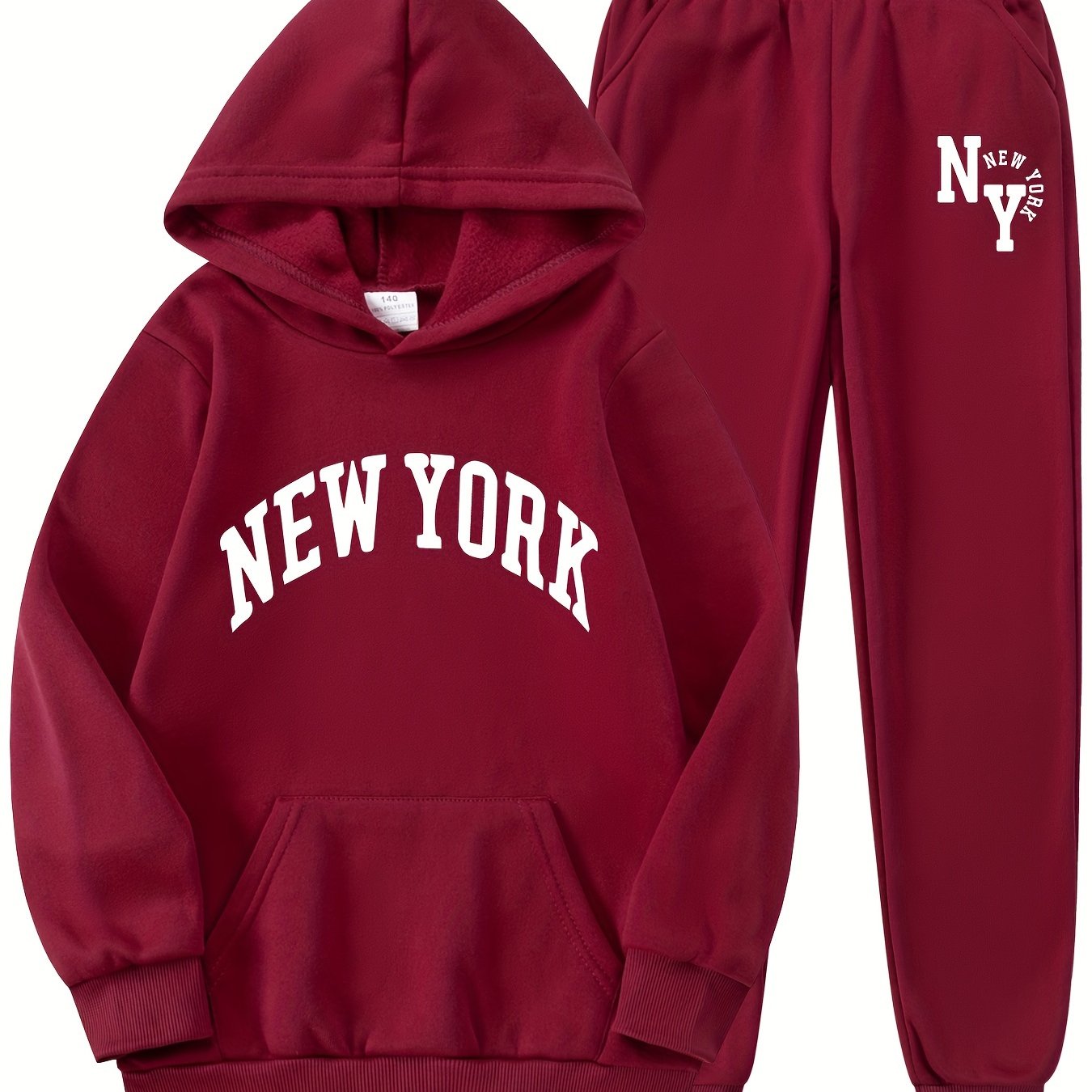 New York letter print hoodie and sweatpants set for kids. Made of casual polyester knit fabric with pockets. Slight stretch and regular fit for boys, girls, teens, and children. Ideal for