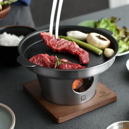 One Piece WAGENSTEIGER Stainless Steel Shabu Shabu Hot Pot - Mini Portable Fondue Set for 1-2 People. Features a Thickened Skillet for Steak Cooking, Multifunctional Home Grill with Stand & Heat-Resistant Base. Fuel-Heated Outdoor Cookware that is Food