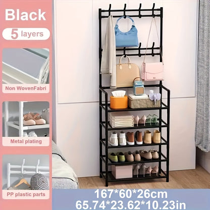 Elegant metal hall tree with coat and shoe rack, hooks, and multi-purpose organizer in black/white.