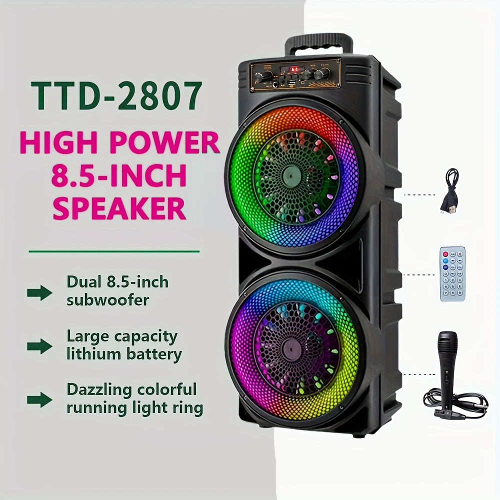 High-power portable stereo speaker with LED lights, USB, wireless connectivity, bass boost, hi-res audio, button control, rechargeable lithium battery. Suitable for music players, TVs