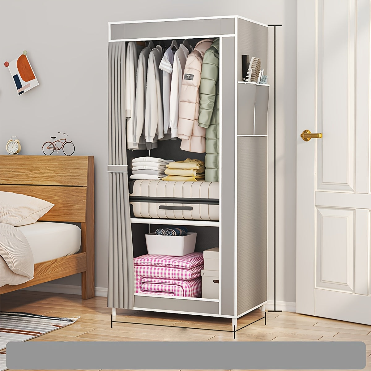 Compact metal wardrobe with over 3.2 cu. ft. capacity for easy assembly and space-saving storage in bedroom, home, or dorm.