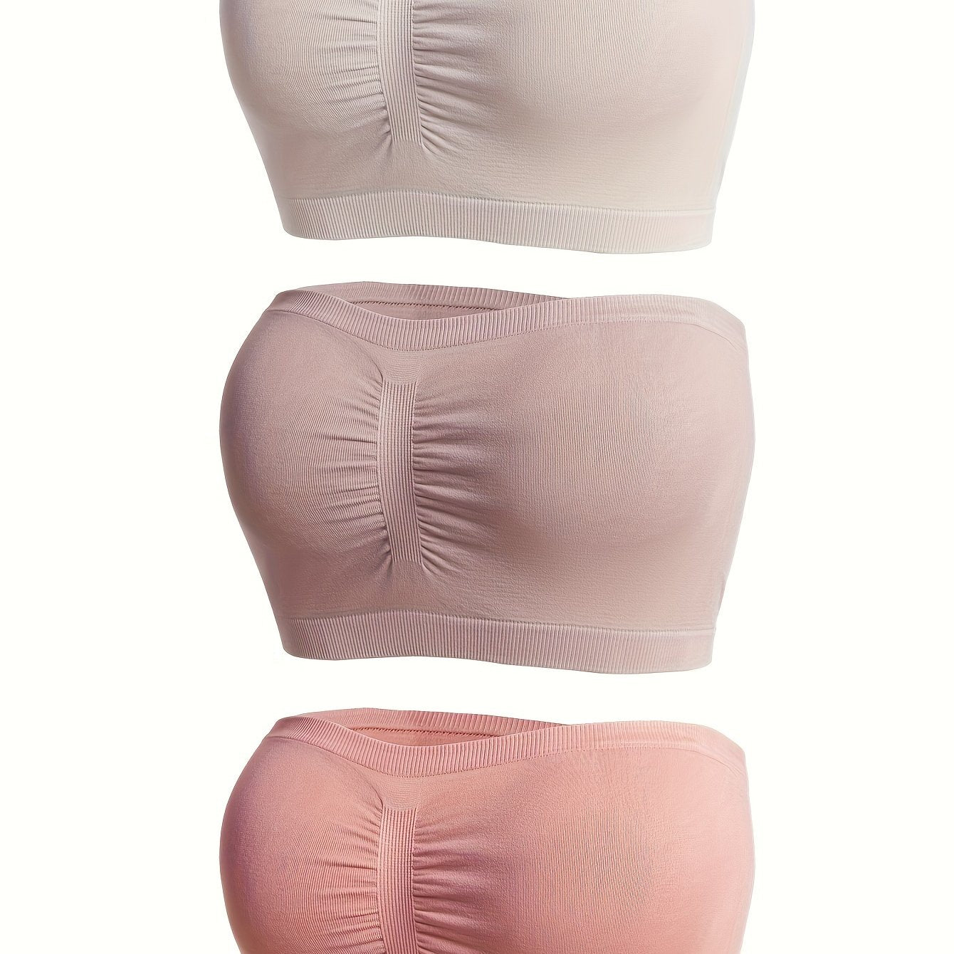 Set of 3 elegant black bandeau bra tops with anti-slip chest wrap, seamless strapless design.