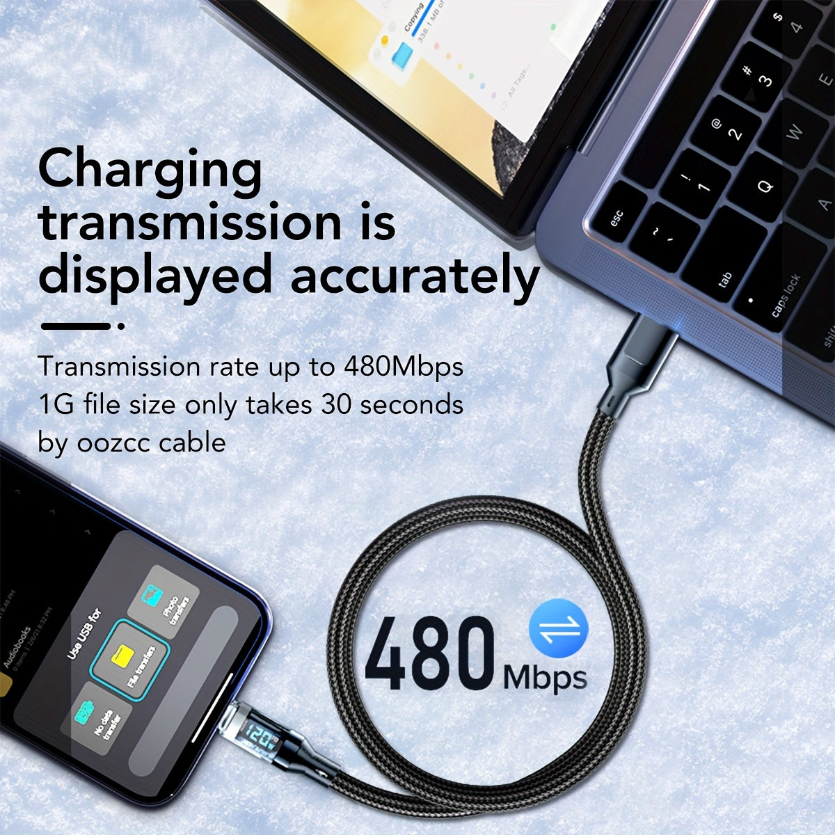 120W 6A Rapid USB Type C Charging Cable with LED Display for Fast and Safe Device Charging.