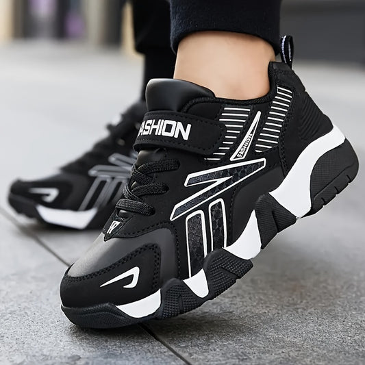 Boys' fashion athletic sneakers with geometric pattern, adjustable closure, PU upper, fabric inner, rubber sole, and round toe. Suitable for age 14 and under.