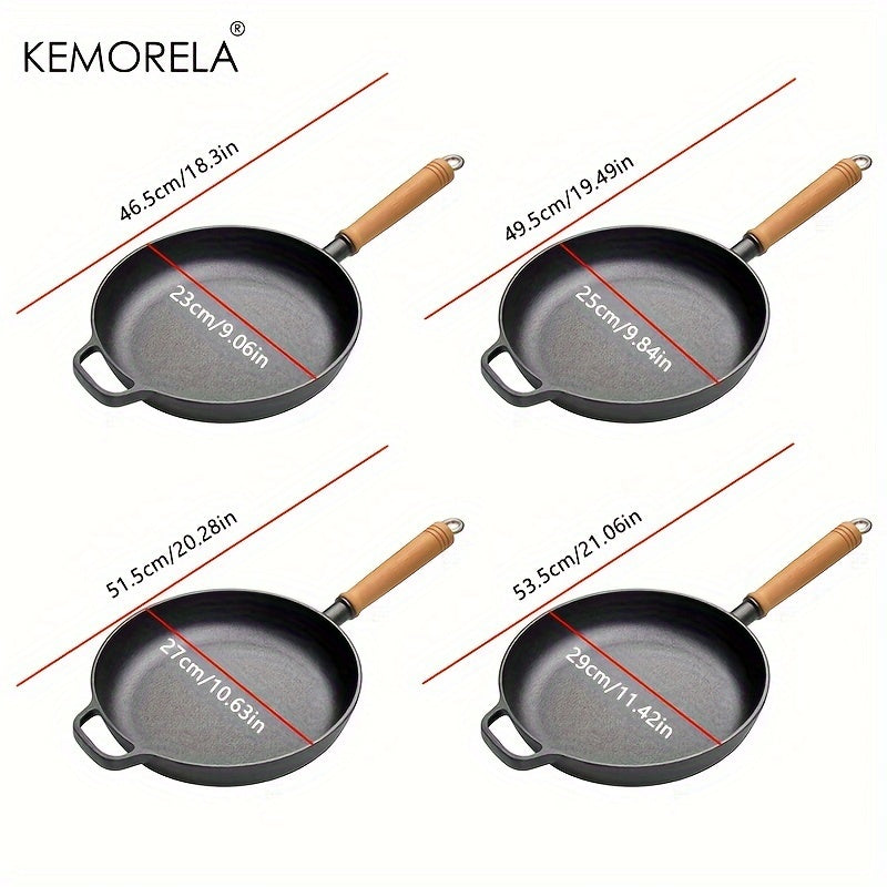 Experience the quality of the KEMORELA Premium Cast Iron Skillet. This uncoated, non-stick cookware is versatile and suitable for gas, electric, and induction stoves. Perfect for cooking steak, omelets, and more, this skillet features wooden anti-scald