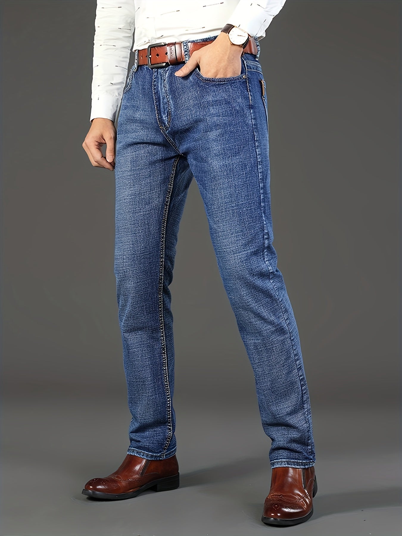 Men's classic denim jeans in regular fit, solid color, all-season stretch. Made with 64.5% cotton, 33.5% polyester, and 2% spandex. Suitable for casual or business wear.