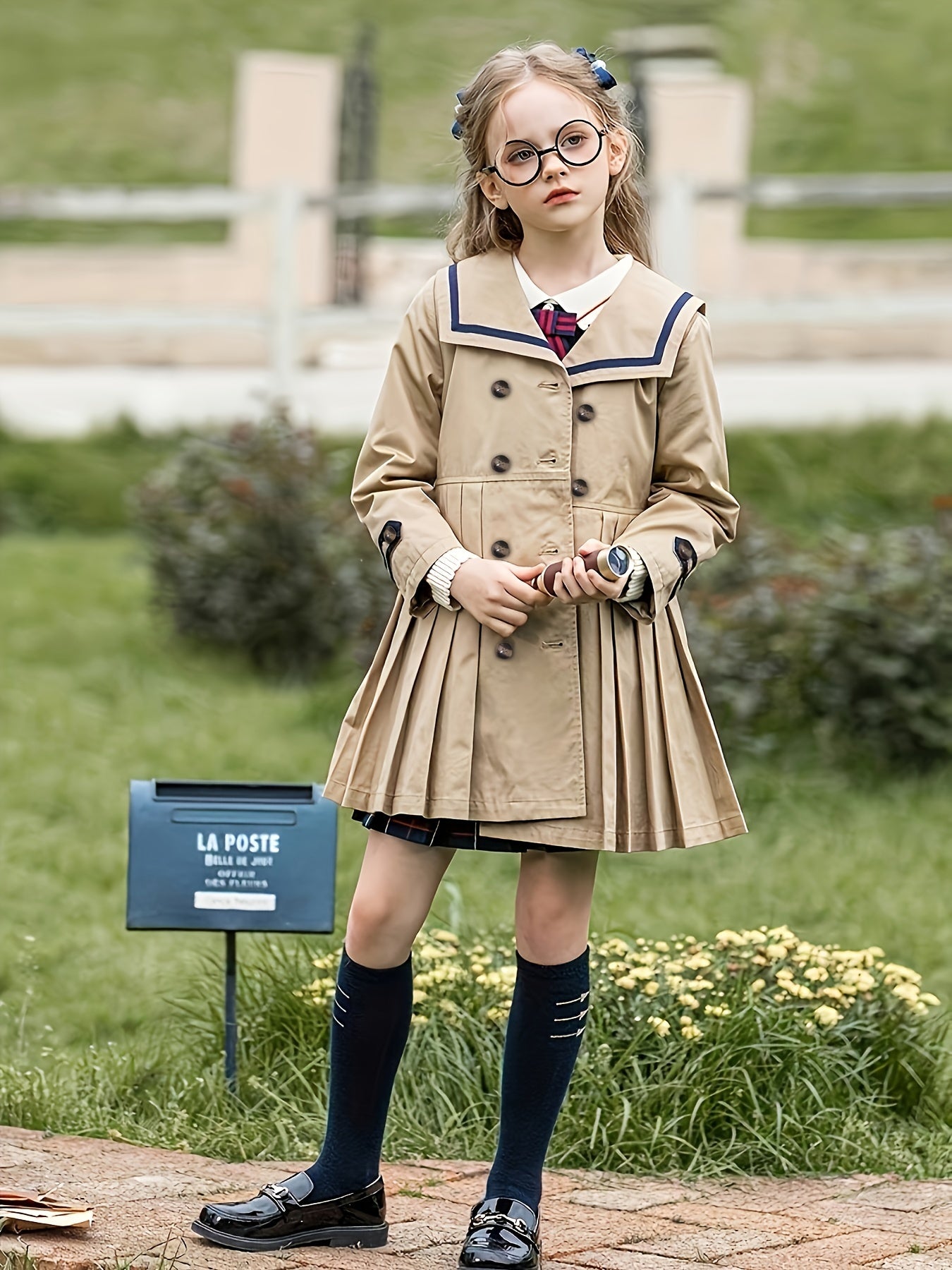 Girls' lightweight British-inspired school uniform trench coat and pleated skirt set. Windproof polyester material with front buttons. Ideal for spring and autumn. Available in sizes 4-12.