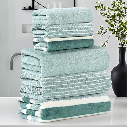 6-piece ultra-soft towel set includes 3 bath towels and 3 hand towels. Made of thick, absorbent coral fleece and skin-friendly polyester blend. Ideal for bathroom essentials.