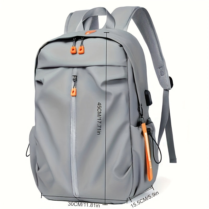 Men's light gray backpack made of stylish polyester with zippered compartments, adjustable straps for school and outdoor travel.