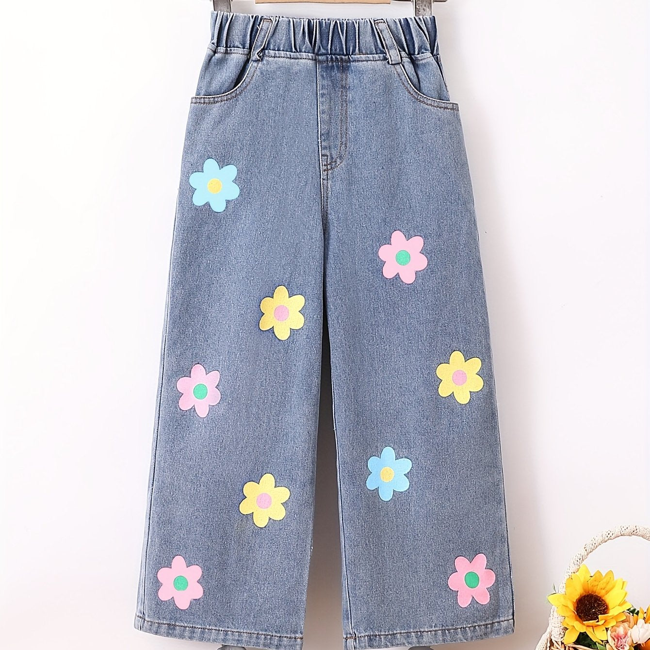 Girls' floral wide-leg denim jeans with elastic waistband, perfect for spring and autumn outdoor wear.