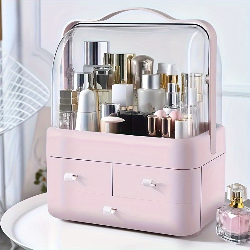 Makeup box with double opening and storage drawer for organizing cosmetics on bathroom countertop.