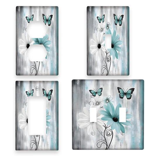 Teal Daisy & Butterfly Light Switch Cover - Farmhouse Style, Easy to Install, 1 or 2 Gang options for Kitchen and Home Decor