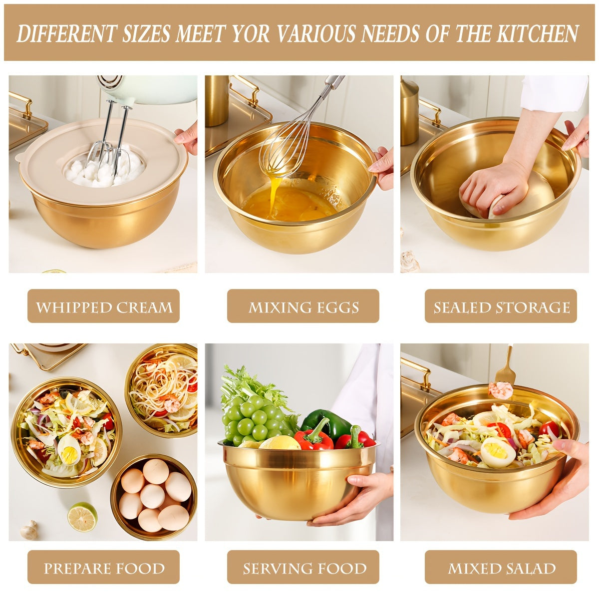 Stainless steel mixing bowl set in gold with lids in white, black, and khaki. Ideal for Christmas serving, baking, preparation, cooking, and serving food. Nested design saves space, dishwasher safe. Available in various sizes from 500ml to 4000ml.