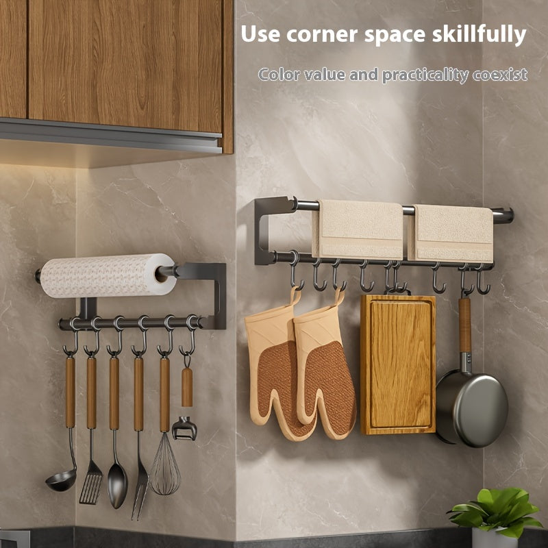 Wall-Mounted Stainless Steel Kitchen Organizer with Tissue Holder, Hook Rack for Utensils and Accessories Storage