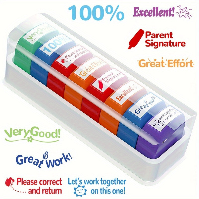 Classroom stamp set with storage tray, includes 8 stamps for grading and parent signatures.