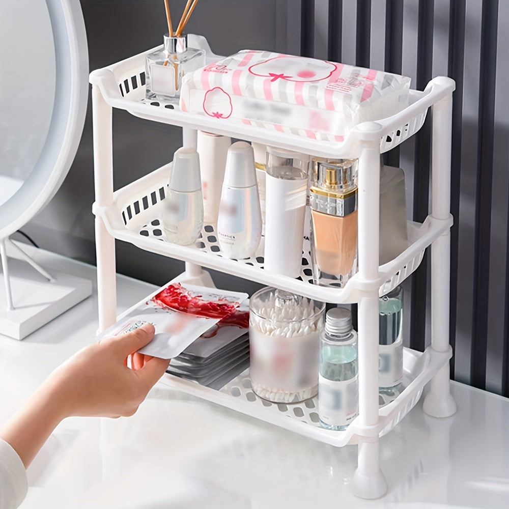 Plastic bathroom vanity organizer shelf for makeup, toiletries, and sundries storage in the bathroom.