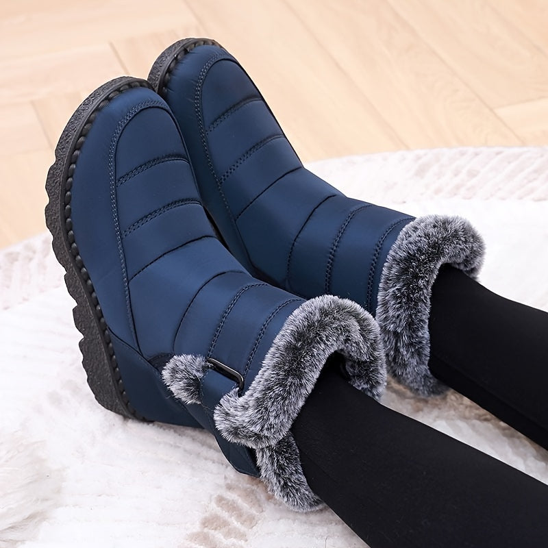 Women's cozy winter snow boots with warm fleece lining, waterproof features, thick traction sole, non-slip, black color. Ideal for outdoor adventures.