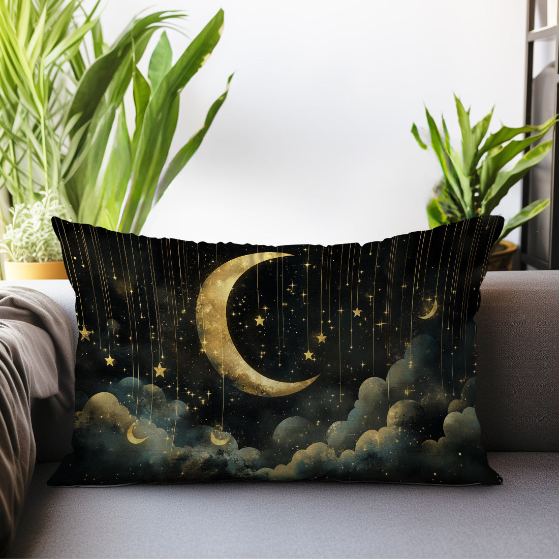 Contemporary starry night moon design throw pillow cover made of 100% polyester woven peach skin velvet, machine washable with zipper closure. 30x50cm size with decorative cushion case for any room.