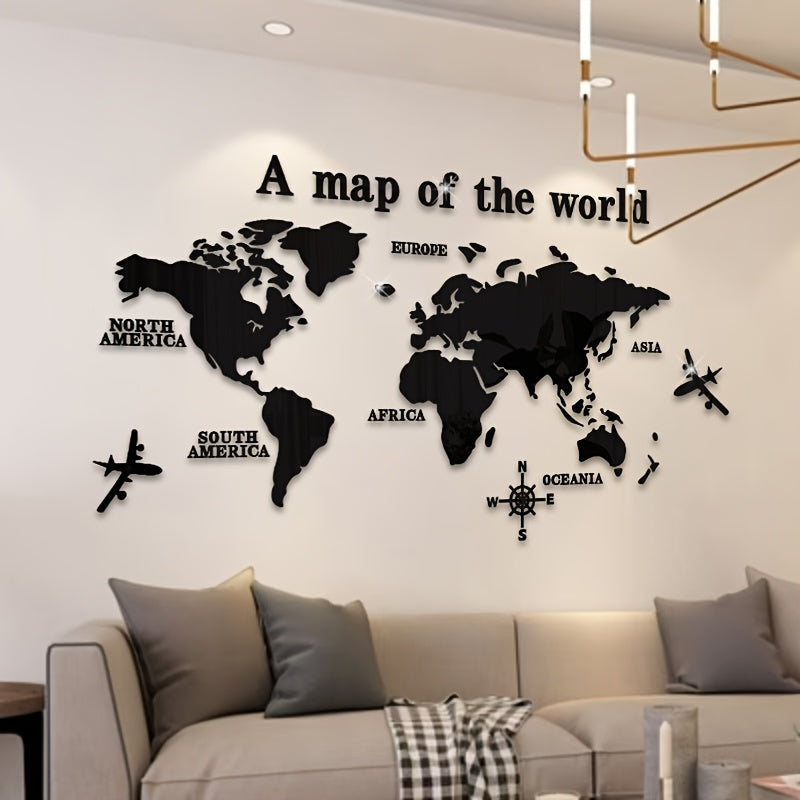 Bohemian style acrylic wall decor featuring "A Map of the World" with airplane and compass rose design. 1mm thick with adhesive backing. Ideal for classrooms, offices, bedrooms, and living