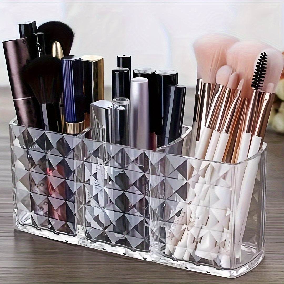 Clear plastic makeup brush holder with large capacity for organizing cosmetics on vanity or bathroom countertop. Lightweight, independent design with no electricity needed. Under 3.2 cubic feet storage and less than 68.58 cm tall. Stylish and clear