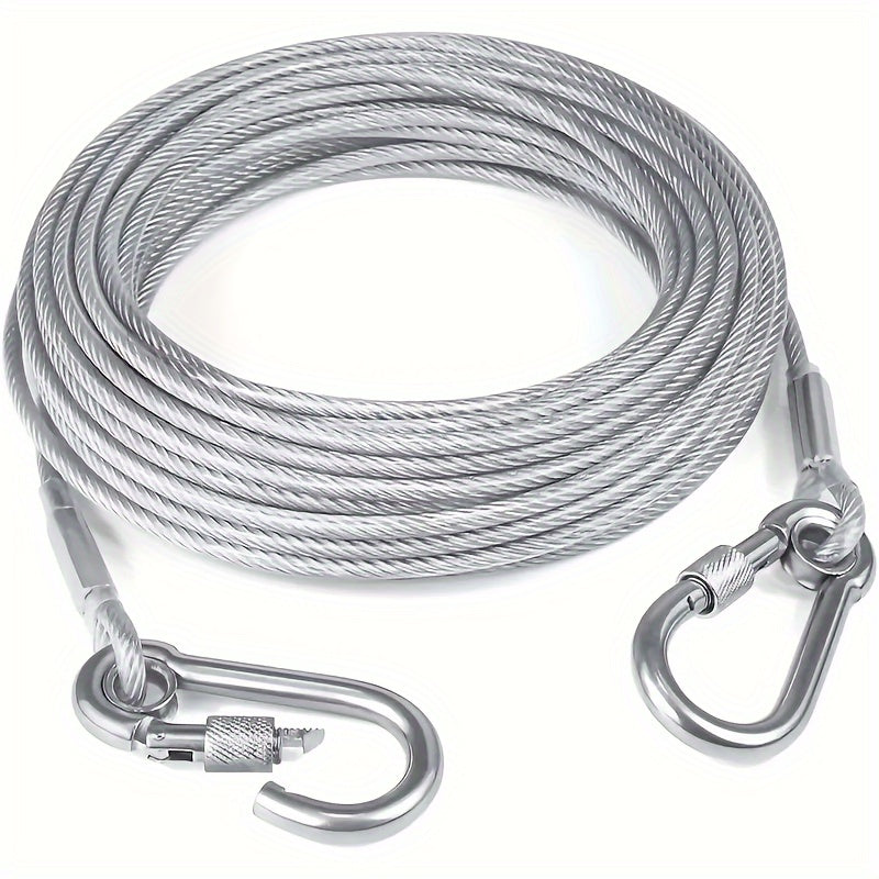 Durable dog tie-out cable, 113.4 KG capacity, stainless steel with swivel snap hooks, perfect for outdoor activities.