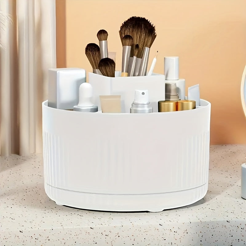 360 degree rotating makeup organizer made from high-gloss ABS plastic. Ideal for bedroom, vanity, or bathroom storage with its minimalist design.