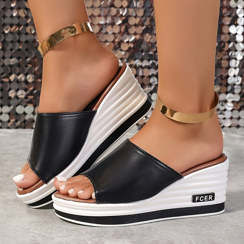 Women's white wedge sandals with a golden ankle accent and thick sole, perfect for casual summer wear.