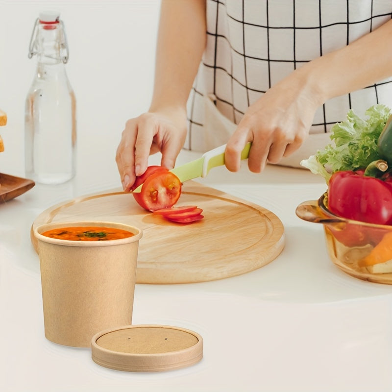 50 pieces of paper bowls with lids, ice cream cups with lids that hold 16 ounces, disposable paper soup cups, paper food containers, kitchen accessories, and home kitchen items in brown color.