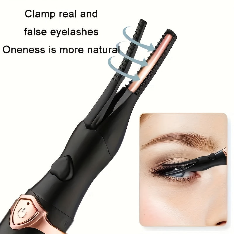 Electric eyelash curler with heated brush, USB rechargeable, 3 temperature settings, quick preheat, portable for travel, long-lasting curl, lithium polymer battery.