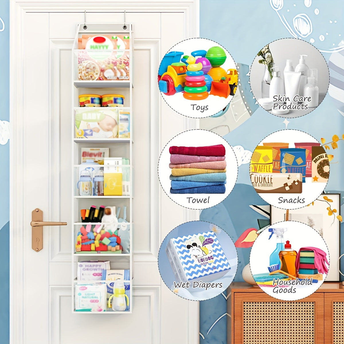 6-tier Over-the-Door Organizer designed for Kids' Room - Fabric Storage Bag for Diapers, Toys & Miscellaneous Items