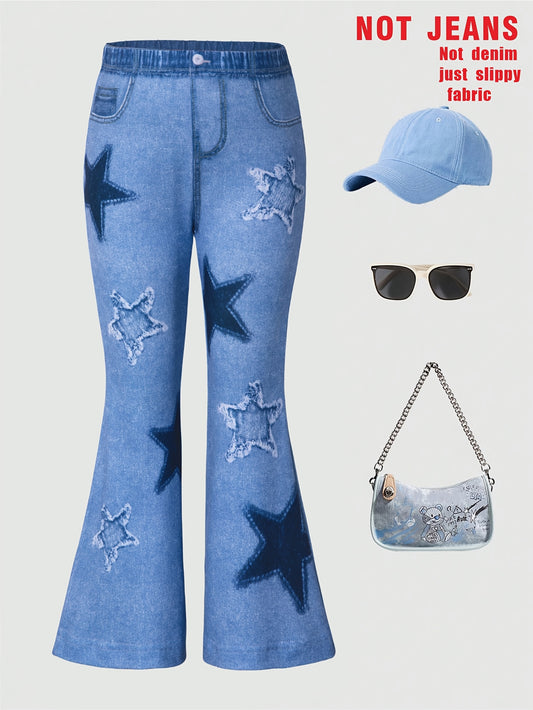 Stretchy flare leg jeans for girls with star print, faux pockets, and bell bottoms. Perfect for spring/fall outfits, parties, and gifts. Made with soft, comfortable blue denim-like fabric.