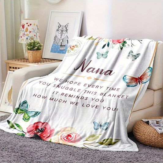 Soft plush Nana throw blanket with a floral and butterfly design, perfect cozy home decor and a great gift from granddaughter, 1 piece.