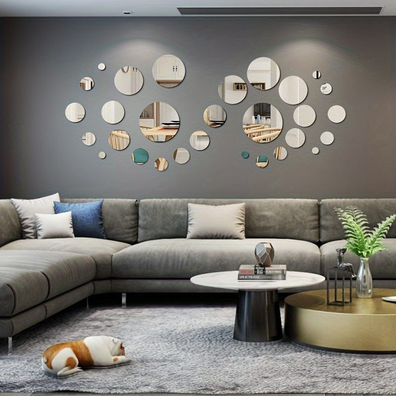 33 round 3D acrylic mirror wall stickers, self-adhesive and removable. Suitable for various rooms. Waterproof and no electricity required.