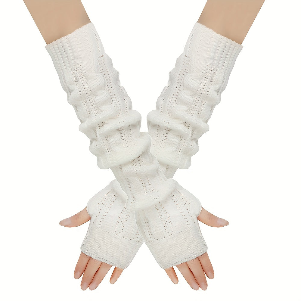 Warm up your arms with these Long Knitted Twist Gloves perfect for outdoor travels during the cold autumn and winter seasons. Designed for women, these fingerless gloves are coldproof and feature an elastic sleeve for added comfort.