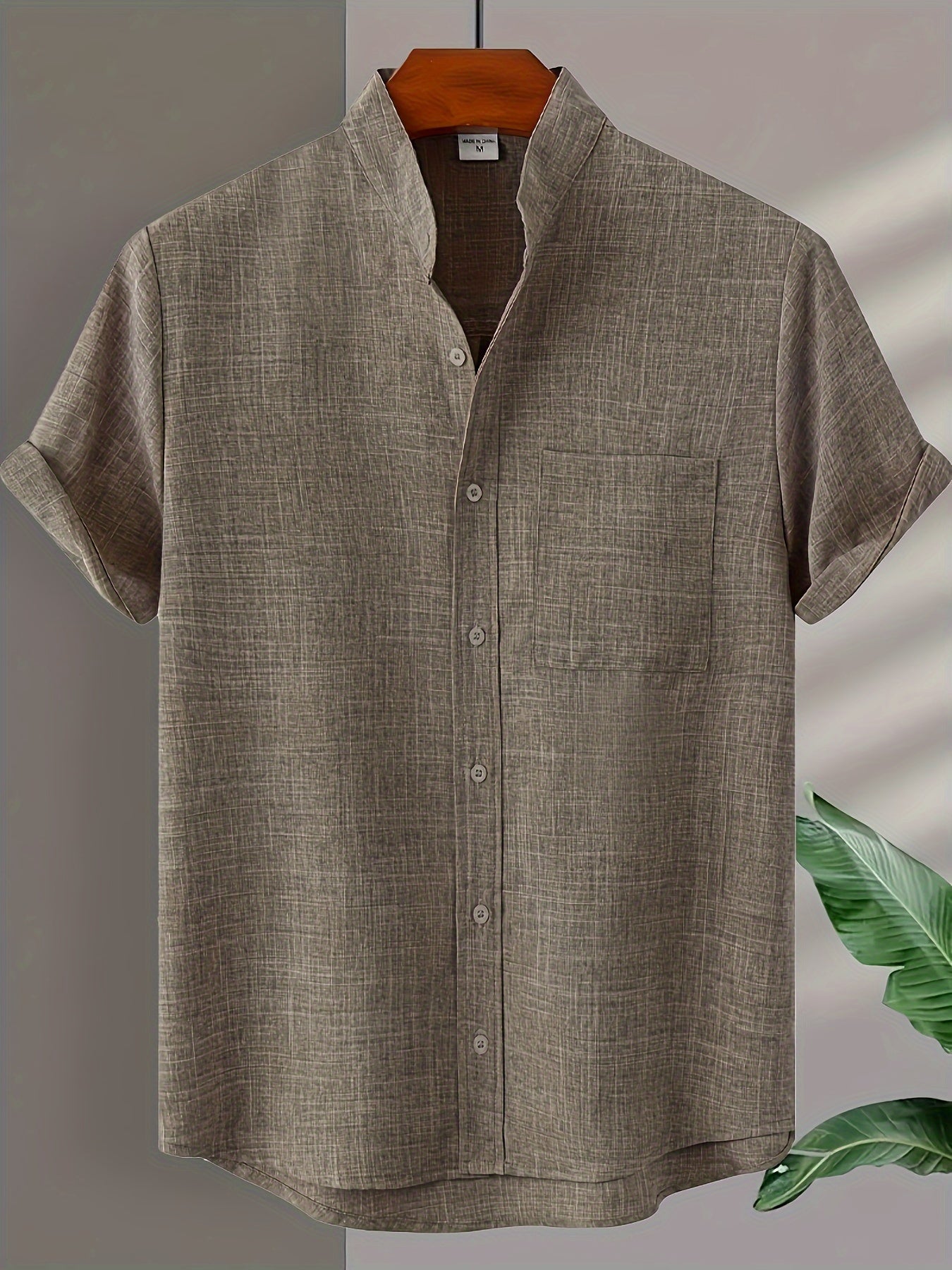 Men's short sleeve stand collar shirt in solid color, perfect for summer outdoor activities.