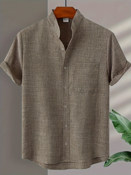 Men's short sleeve stand collar shirt in solid color, perfect for summer outdoor activities.