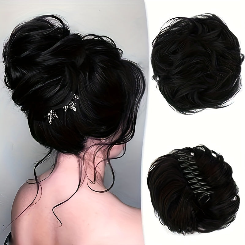 Stylish Women's Claw Clip Messy Bun Hairpiece - Voluminous Body Wave Synthetic Ponytail Extension, Floral and Leaf Design, Party Hair Accessory