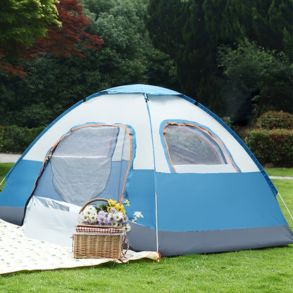 Portable camping tent with sun protection, dual doors, and windows for ventilation, made of durable polyester fabric for family outdoor adventures.