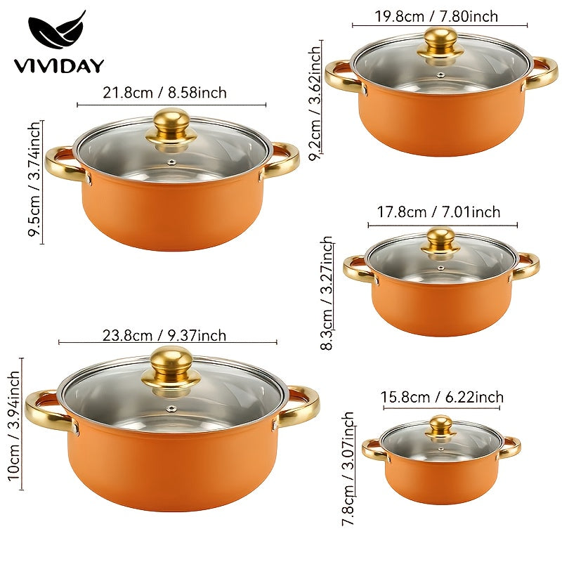 Stainless Steel Induction Cookware Set - 10 Pieces Including Frying Pan, Covered Cooking Pot, and Casserole - Easy to Store, Comes in Different Sizes with Glass Lid - Suitable for All Stovetops, Great for Gifting, Perfect for Festivals, Electric Cookware