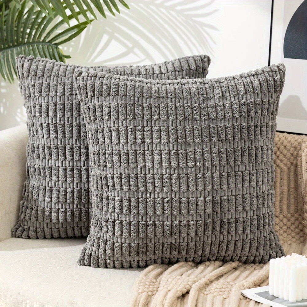 Reversible corduroy throw pillow cover with soft boho striped design, machine washable, zipper closure. Woven polyester, ideal for contemporary farmhouse home decor in sofa and living room. Size: 45.72x45.72 cm.