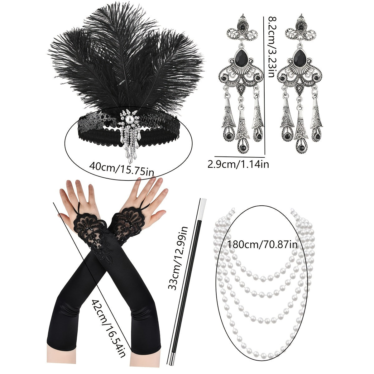 The Gatsby themed set includes a feather headband, gloves, cigarette holder, earrings, pearl necklace, single party makeup, dance Halloween carnival party lady skirt accessories, headwear, hand decoration, long pearl necklace, simulation pipe, and a