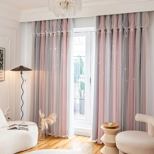 Enhance Privacy and Block Out Light with Double-Layer Blackout Curtains featuring Lace Sheer Tieback - Perfect for Living Room and Bedroom with Self-Stick Rodless Design.