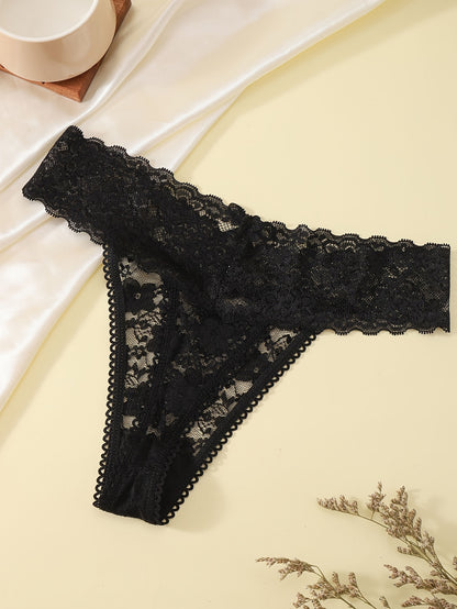 Sexy floral print lace thong panties for women, low-rise seamless nylon knit underwear with applique detail, lightweight fabric