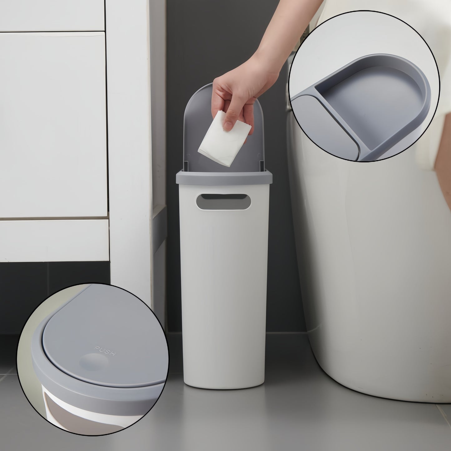 10L/2.64gal Slim Bathroom Trash Can with Lid, Odor-Sealing, Press-Top Opening, Bag Holder, Polished Finish. Creative home accessory for Bathroom, Bedroom, Living Room.