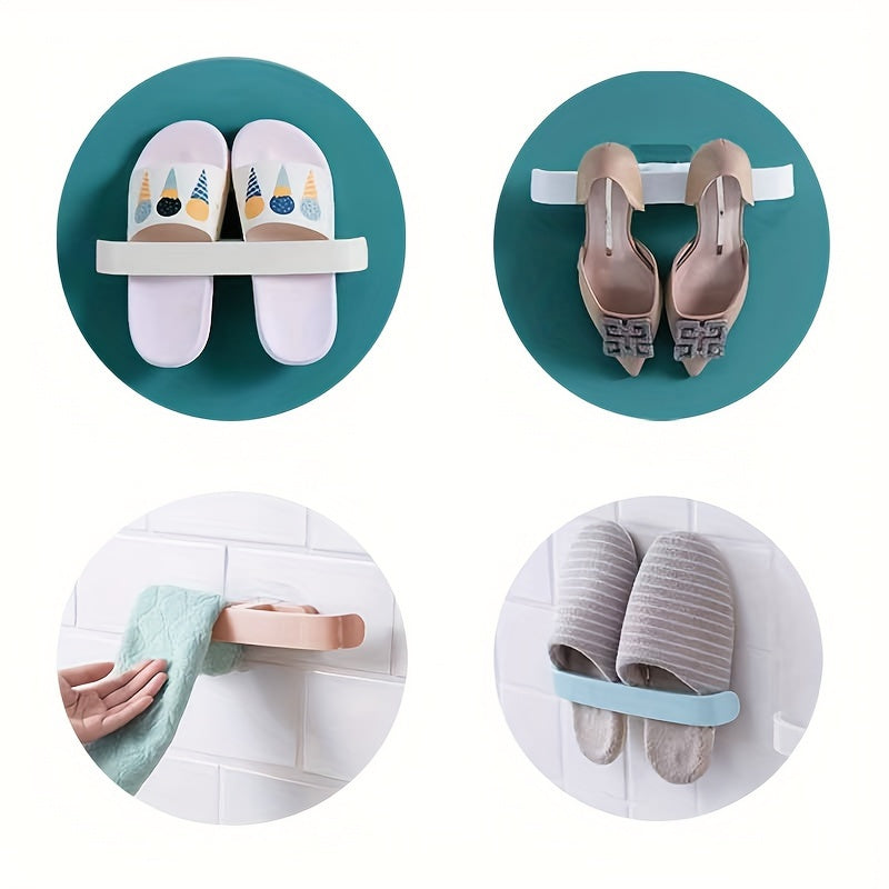 Wall-mounted shoe rack for household use with no need for drilling, suitable for slippers, cotton shoes, and towels in the bathroom, bedroom, living room, or toilet. Multifunctional self-adhesive storage rack for simple storage.