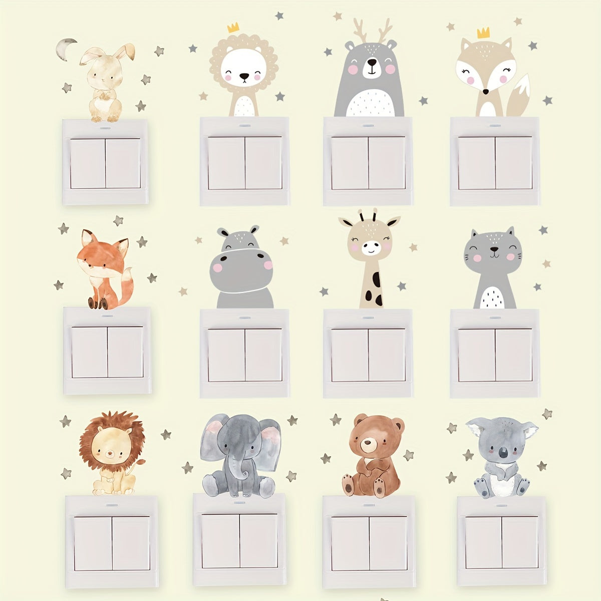 Decorate your room with 12 adorable cartoon animal switch stickers featuring lions, elephants, and rabbits. These bohemian wall stickers are perfect for adding a touch of cuteness to your space. They can be used on windows, doors, or any smooth surface